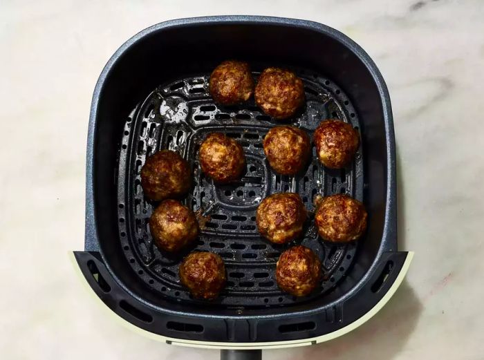 Beautifully browned meatballs fresh from the air fryer.