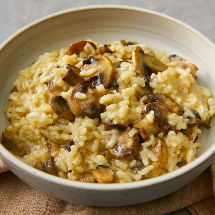 High-angle view of a bowl of mushroom risotto