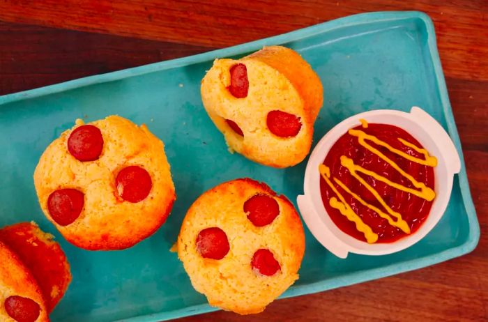 Corn dog muffins served on a tray with dipping bowls of ketchup and mustard.