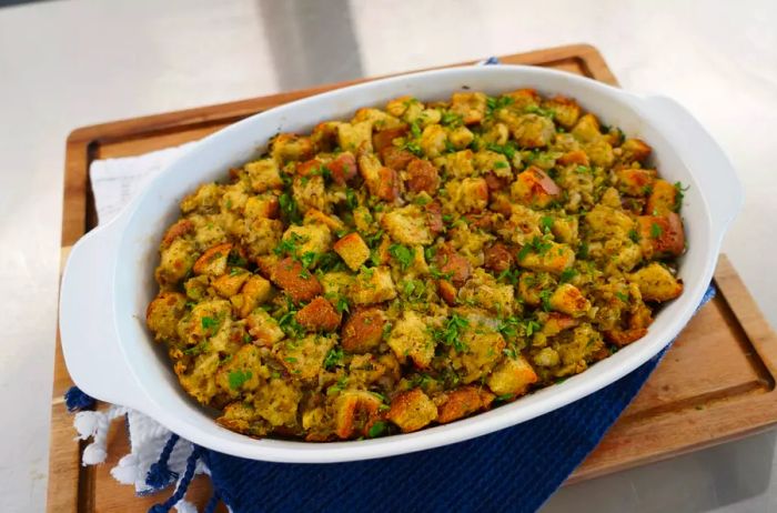 Serve your stuffing in a rustic oval casserole dish for a charming presentation.