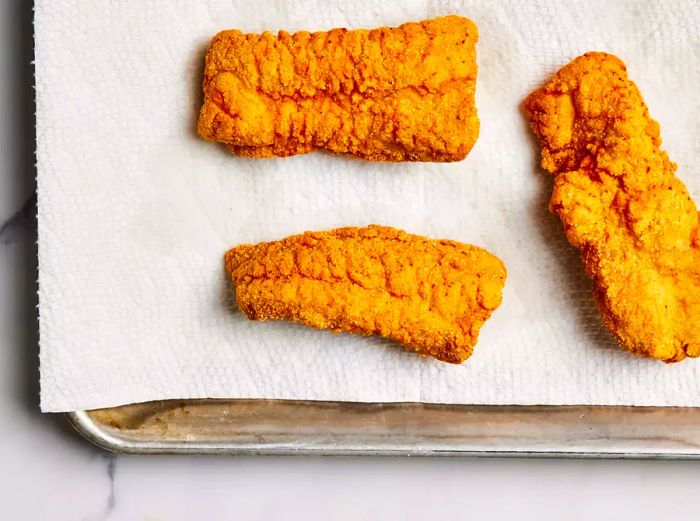 A baking sheet lined with paper towels, holding three crispy southern-fried catfish fillets.