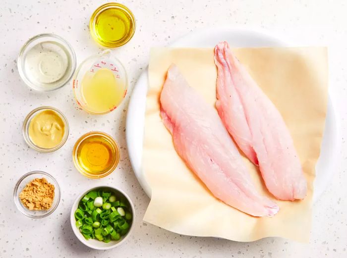 All ingredients prepared for pan-seared red snapper