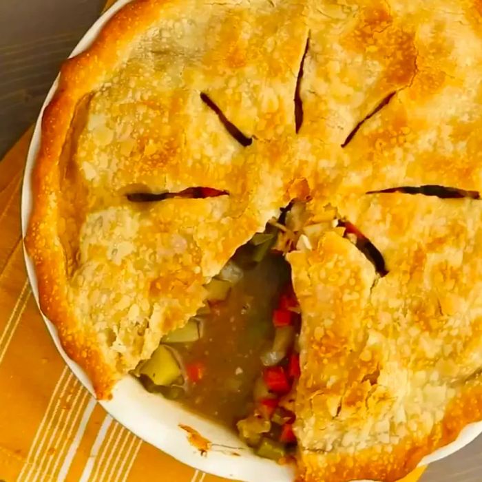 Close-up image of a Veggie Pot Pie in a pie dish.