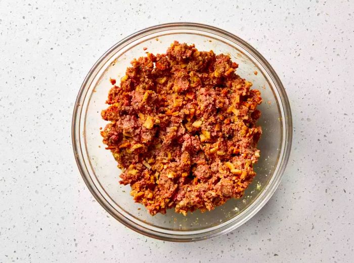 Meatloaf mixture for Stovetop Stuffing Meatloaf in a glass bowl