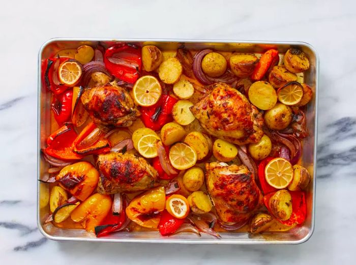 The Mediterranean chicken sheet pan dinner, hot and fresh from the oven.