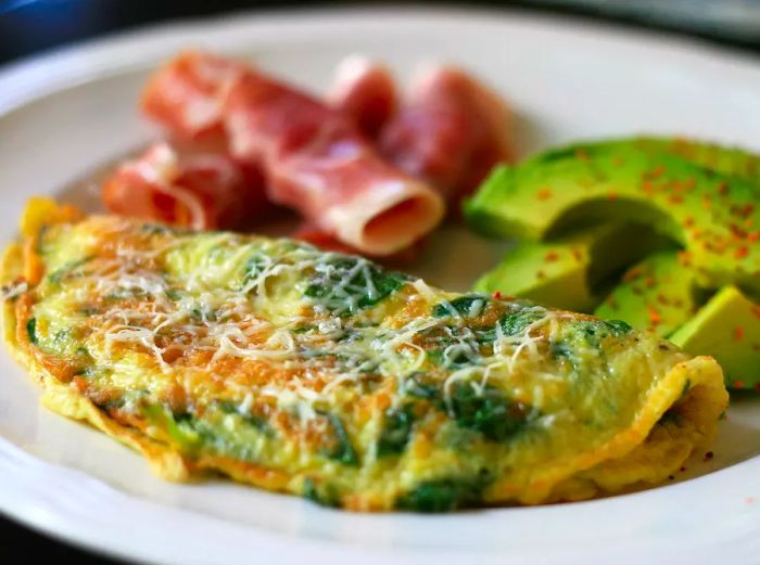 A close-up of a Baby Spinach Omelet, served with slices of avocado and meat on the side.