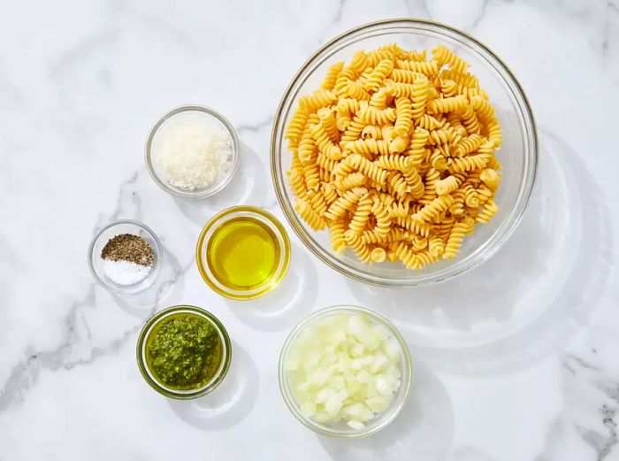 Key ingredients for pesto pasta