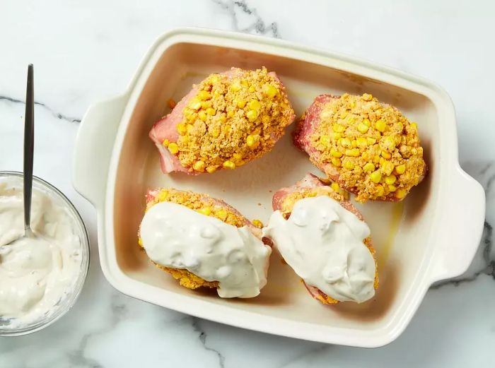 Chops filled with the corn mixture and topped with savory mushroom soup.