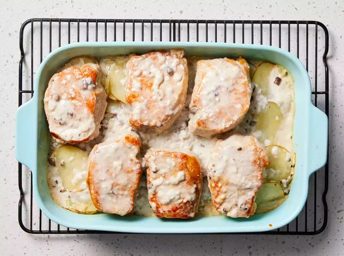 A deliciously baked pork chop and potato casserole