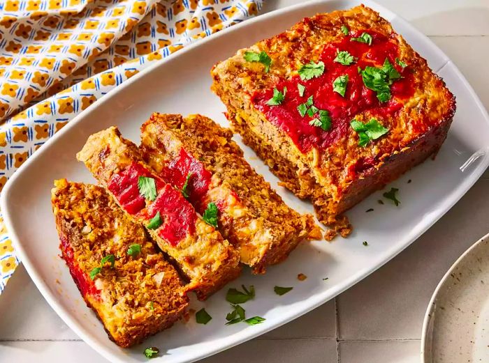 A view of the partially sliced Mexican taco meatloaf.