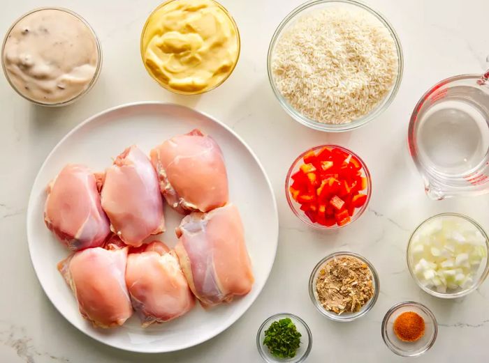 All the ingredients for making no-peek chicken are arranged on the kitchen counter.