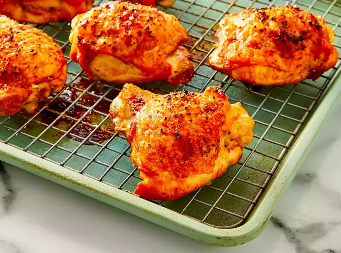 A high-angle view of a cooling rack filled with perfectly baked chicken thighs