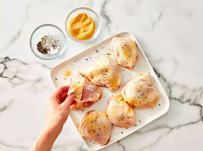 A top-down view of chicken thighs being seasoned both underneath and on the skin