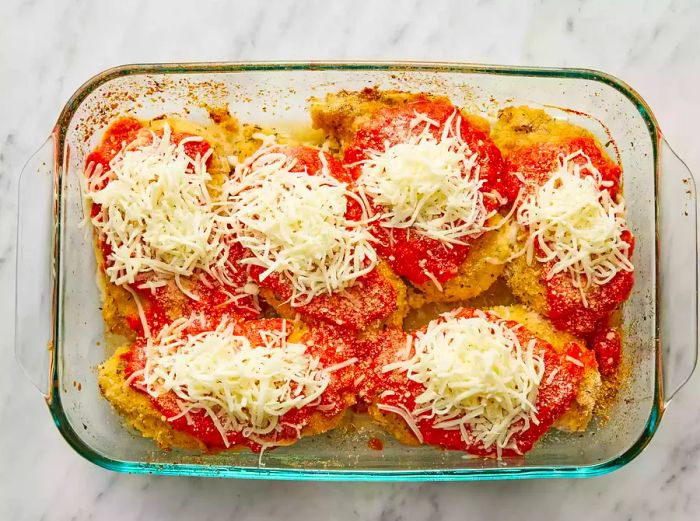 Golden-baked chicken breasts, topped with marinara sauce and melted mozzarella and Parmesan cheese.