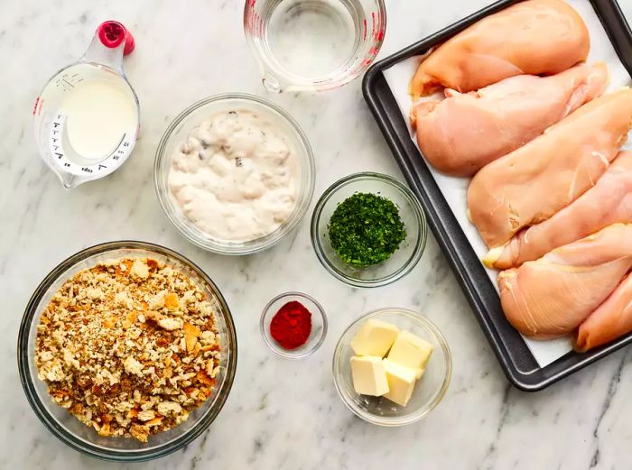 All the ingredients are ready for the chicken and stuffing casserole.