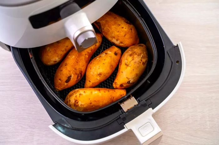 Air fried roasted sweet potato, made at home with an air fryer.