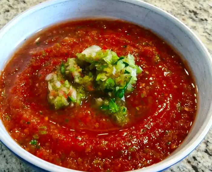 a high-angle shot of a bowl of gazpacho