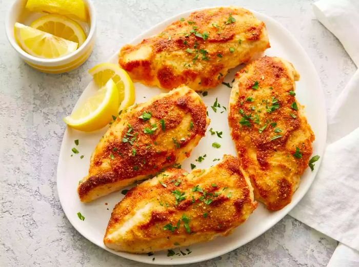 a top-down view of crispy parmesan-crusted chicken with lemon wedges on a white plate