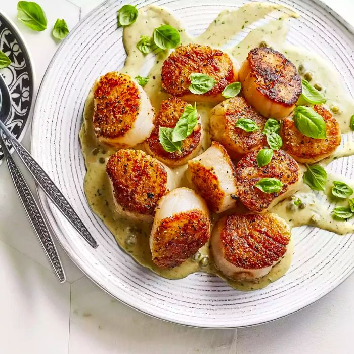 a close-up of scallops drizzled with pesto cream sauce, garnished with fresh herbs, served on a white plate