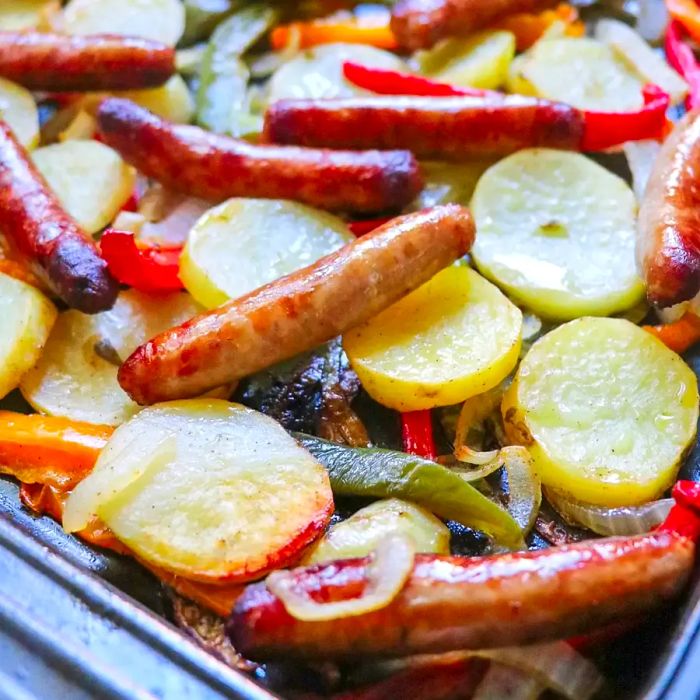 roasted potatoes, bell peppers, sausage