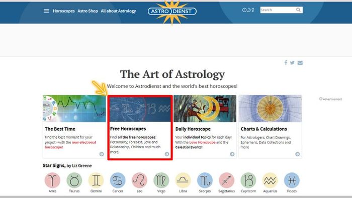 Chọn mục Free Horoscopes để tra cứu cung mọc và các thông tin chiêm tinh liên quan.