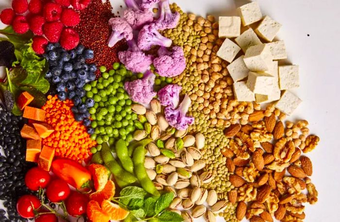 A vibrant array of plant-based foods