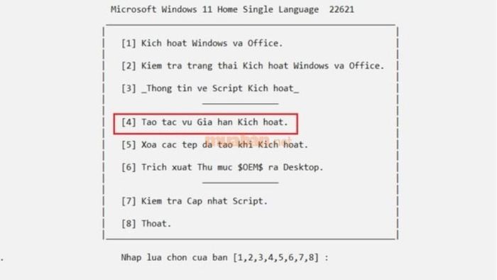Chọn phím số 4 để thiết lập tác vụ gia hạn bản quyền.