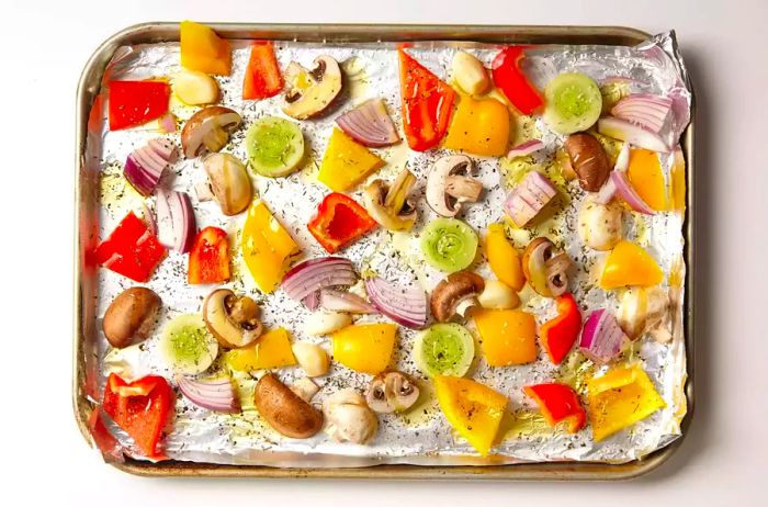 roasted vegetables on a baking sheet