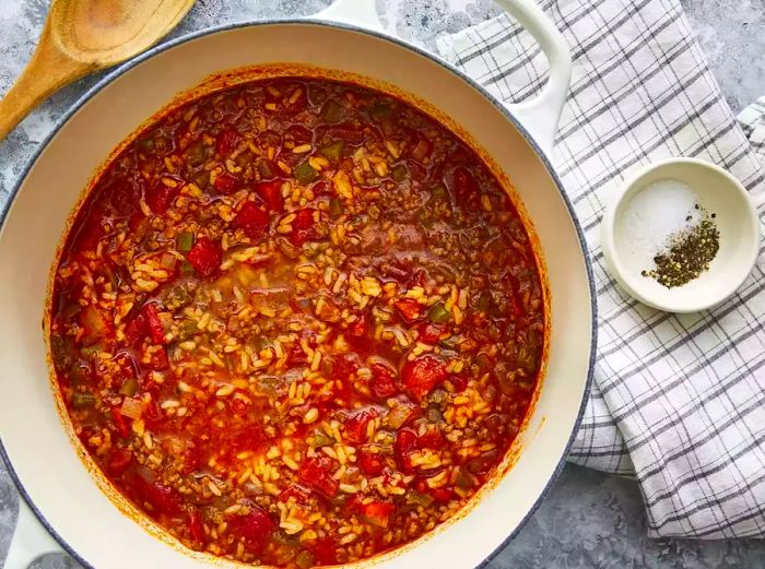 view of a large pot filled with stuffed pepper soup