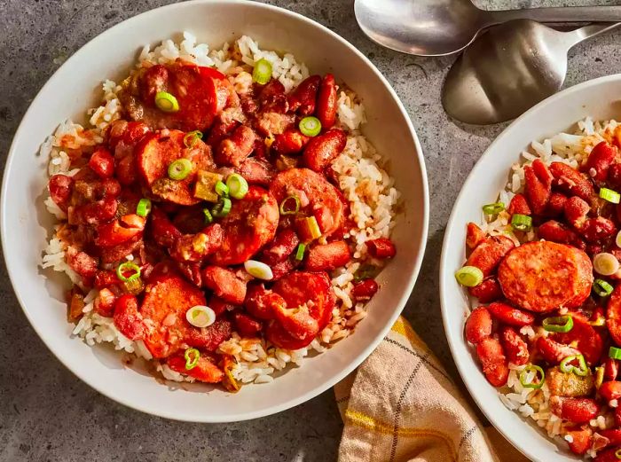 A top-down shot of two bowls of red beans and rice, served over white rice and garnished with chopped green onions.