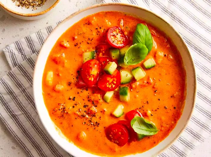 Gazing down at a large bowl of gazpacho