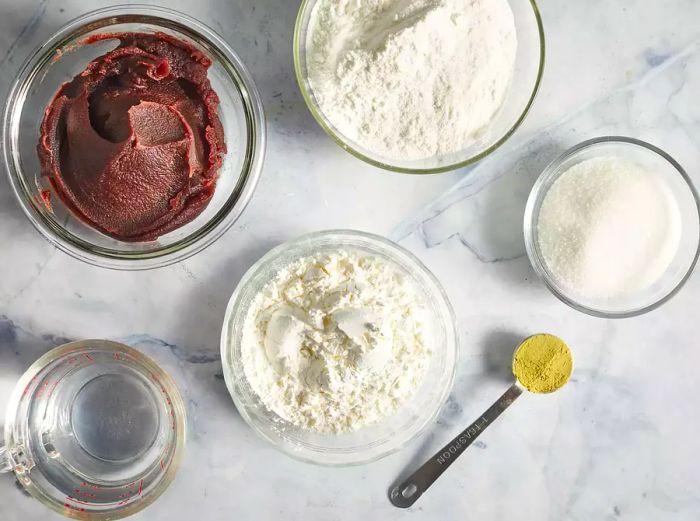 A top-down view of the mochi ingredients laid out on a countertop.