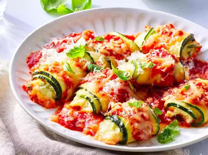 Zucchini Rollatini topped with cheese and fresh basil, served on a plate