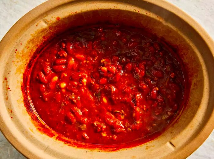 overhead view of slow cooker chili