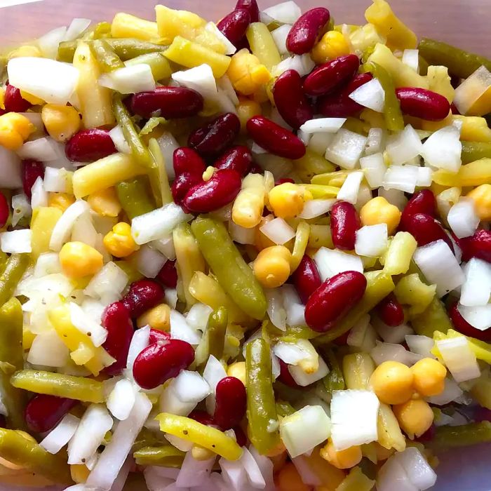 A close-up of Three Bean Salad served in a bowl