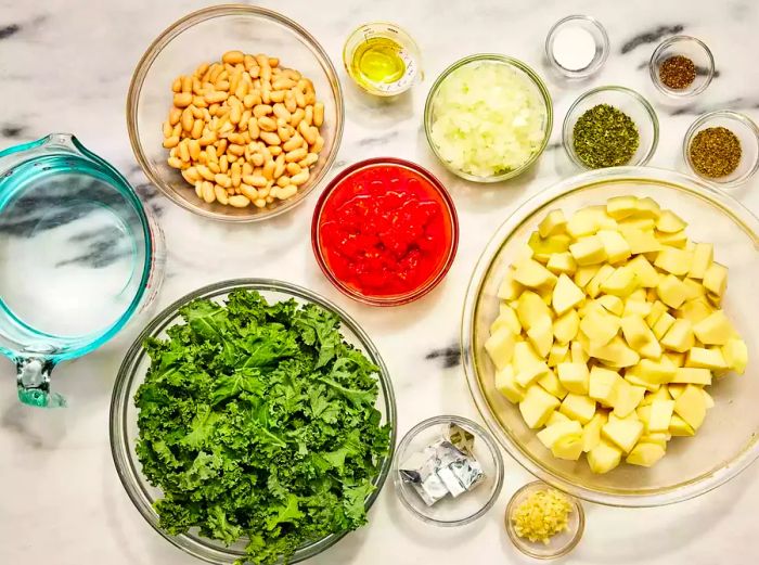 Ingredients needed for making a vegetarian kale soup