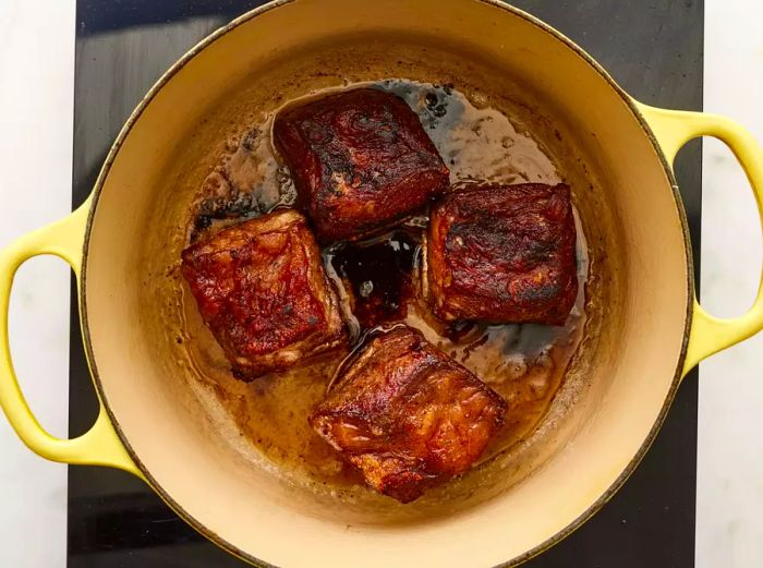 Short ribs browning in the pot.