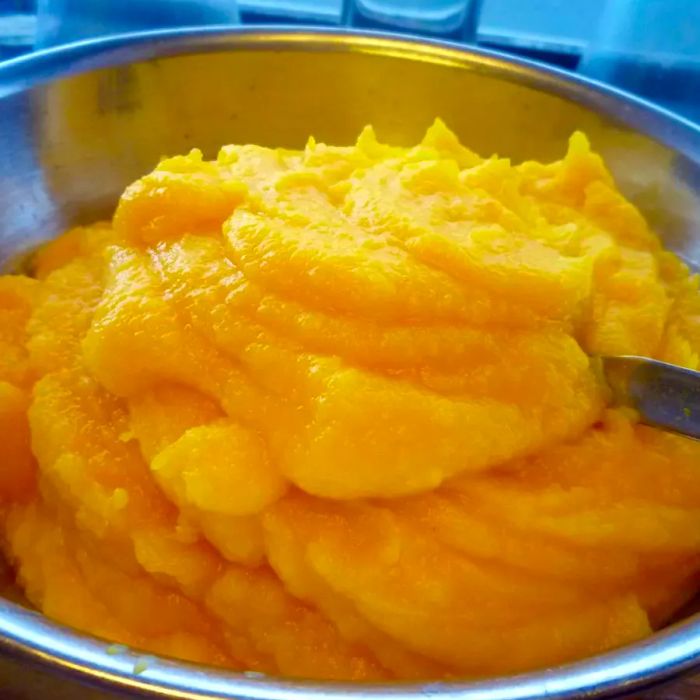 A metal mixing bowl filled with pumpkin purée.