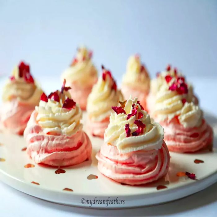 Delicate Rose Pavlova Cakes topped with fragrant rose petals.