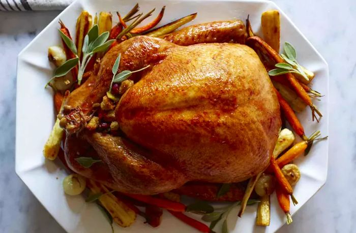 A small turkey paired with carrots and parsnips on a white platter