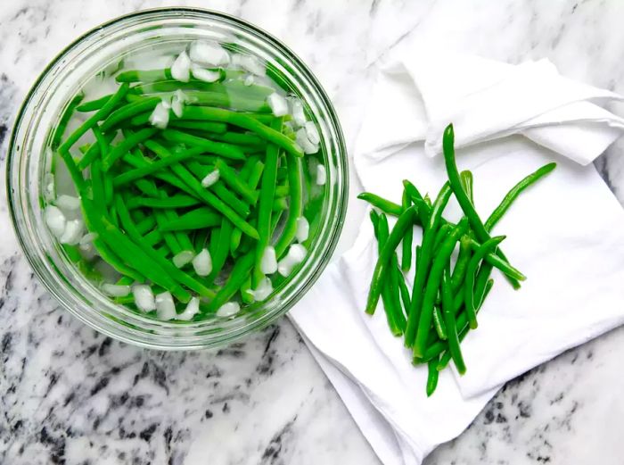 Blanched green beans ready for use or storage