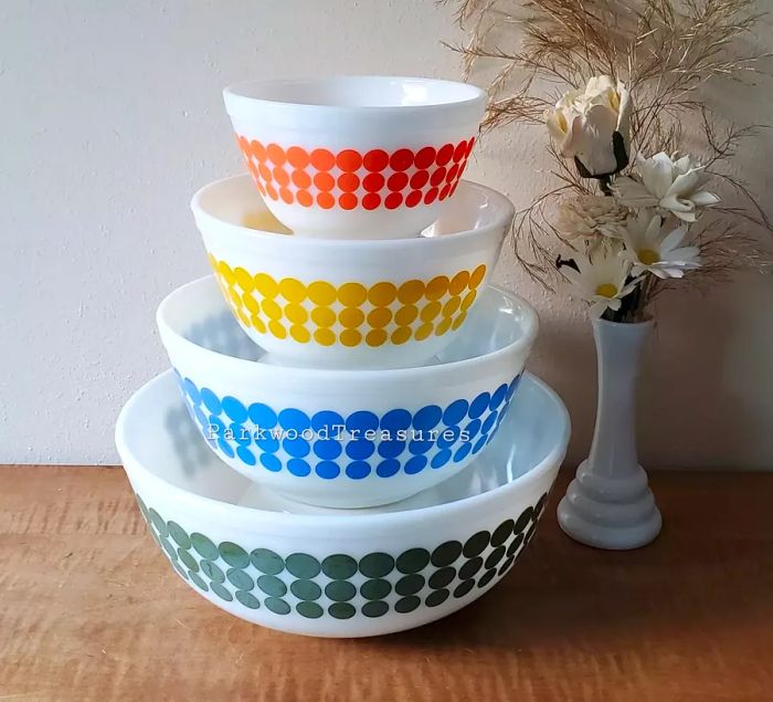 Bright and cheerful milk glass mixing bowls adorned with a vibrant multicolored dot pattern