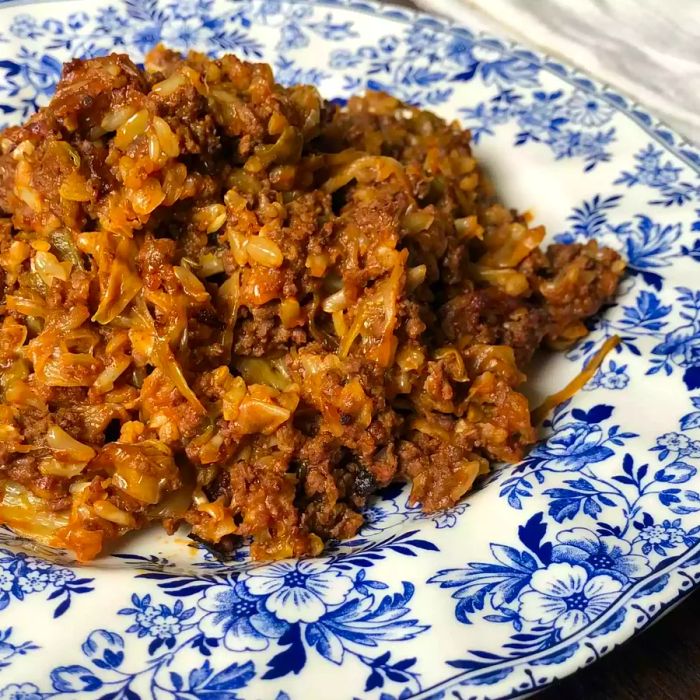 Cabbage Roll Casserole served on a blue and white plate