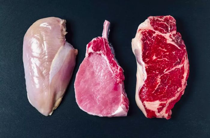 Raw meats (chicken breasts, pork chops, and beef steaks)