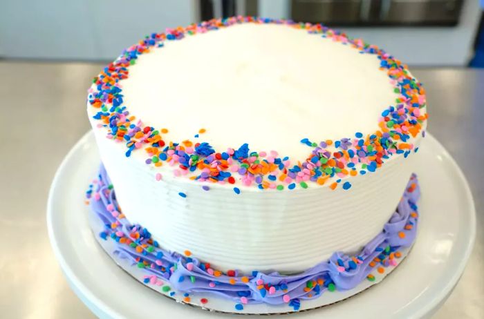 A homemade ice cream cake finished off with colorful candy sprinkles for that extra fun touch