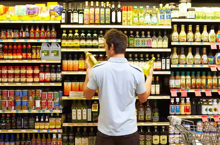 A man selecting oil at the grocery store