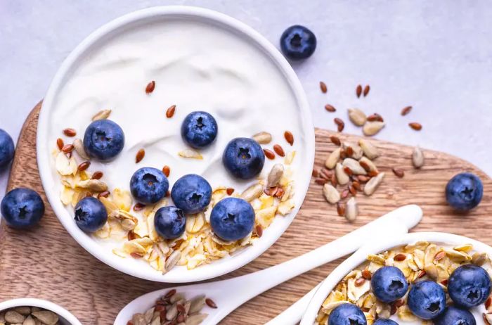 Close-up of a bowl of natural yogurt topped with fresh blueberries