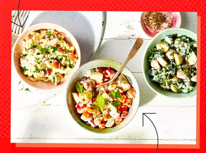 Three potato salads with mayo placed on a wooden table, each marked with arrows for identification.