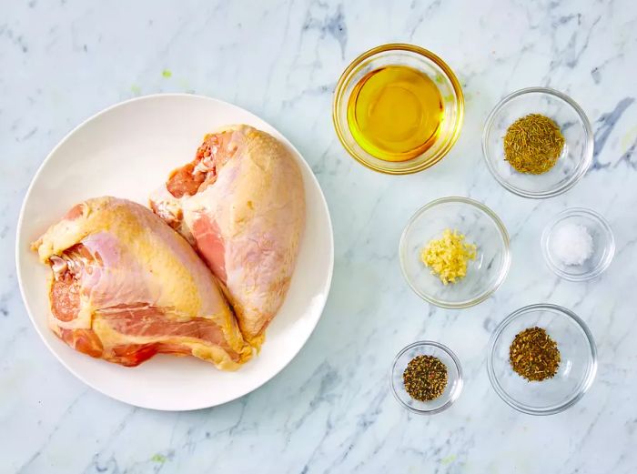 All ingredients for the Baked Split Chicken Breast are ready to go.