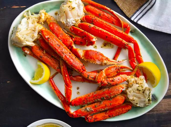 An overhead shot of crab legs in garlic butter sauce, accompanied by a few lemon wedges